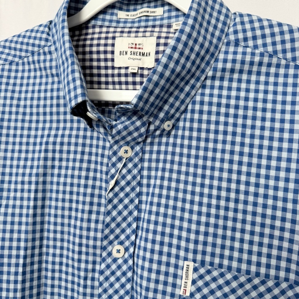 NWT Men’s Ben Sherman Blue and White Checkered Long Sleeve Gingham Shirt, 2XL
